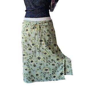 90s/Y2k Wet Seal Light Green Floral Midi Skirt With Waist Tie- Small
